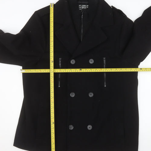 New Look Men Black Wool Blend Pea Coat XL Double-Breasted Jacket