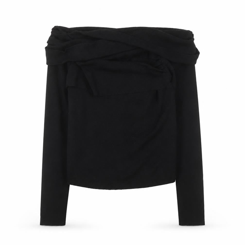 Front view of Commense Women’s Black Off Shoulder Long Sleeve Knit Blouse M