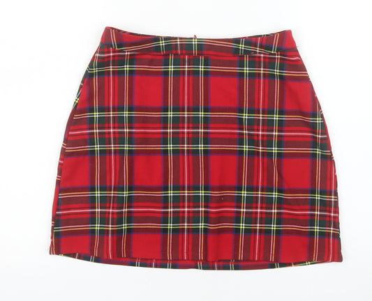 Primark Women Red Plaid Mini Pencil Skirt Size 8 Retro Style