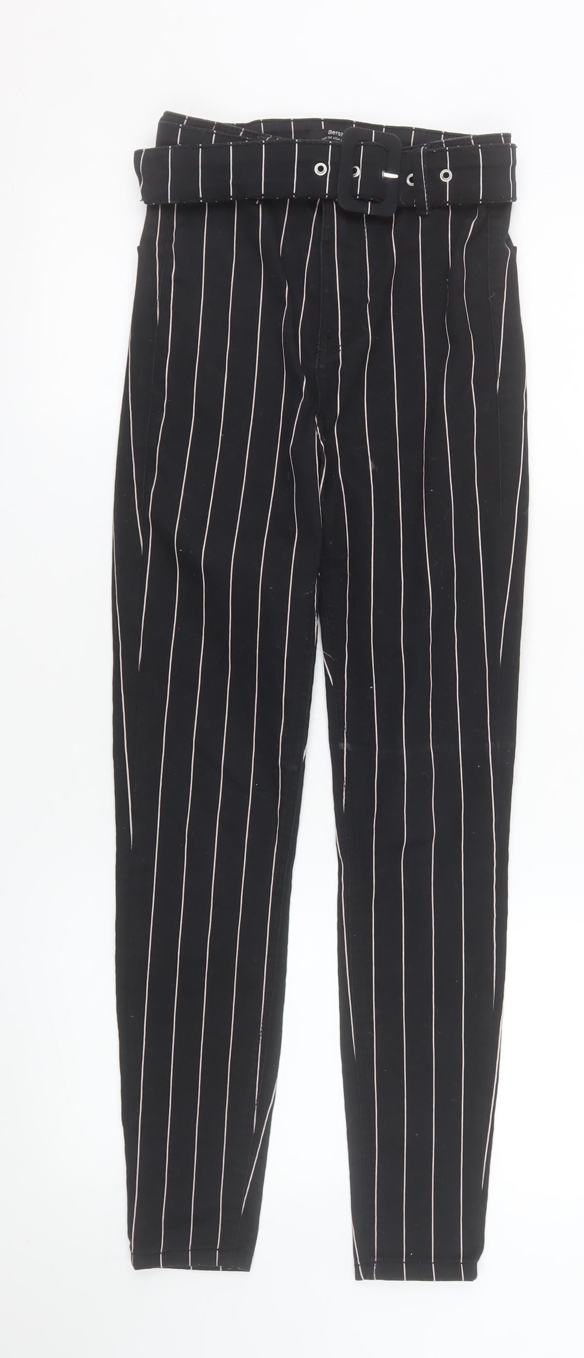 Bershka Women Black Striped High Rise Paperbag Tapered Trousers Size 6
