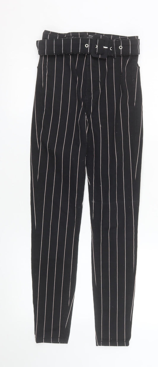 Bershka Women Black Striped High Rise Paperbag Tapered Trousers Size 6