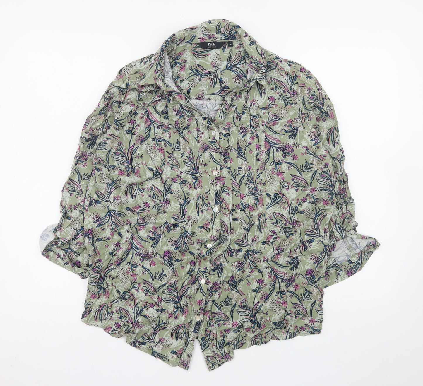 Isle Essentials Women’s Green Floral Button-Up Tunic Shirt Size 16