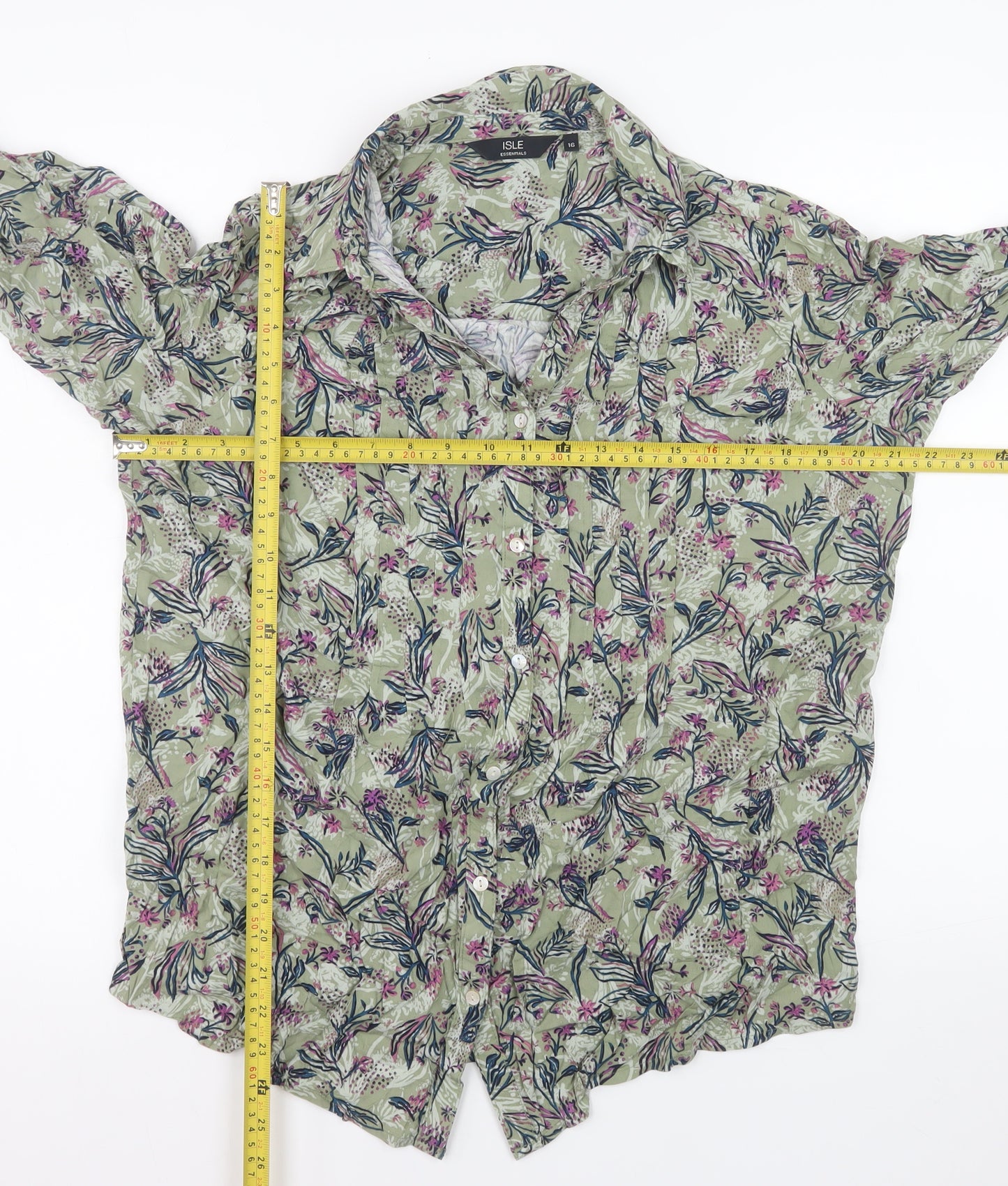 Isle Essentials Women’s Green Floral Button-Up Tunic Shirt Size 16
