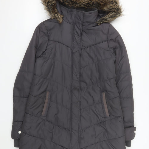 SoulCal Womens Grey Long Puffer Coat Size 10 Hooded Fur Trim Winter Jacket