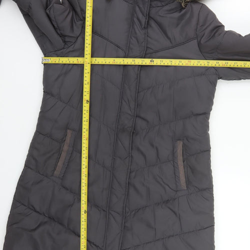 SoulCal Womens Grey Long Puffer Coat Size 10 Hooded Fur Trim Winter Jacket