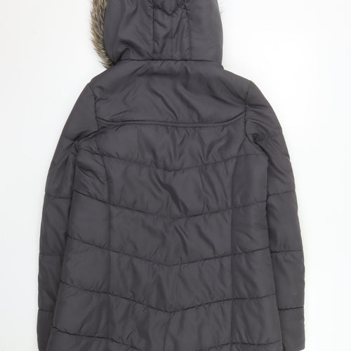 SoulCal Womens Grey Long Puffer Coat Size 10 Hooded Fur Trim Winter Jacket