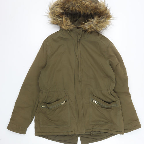 New Look Women Khaki Faux Fur Hooded Parka Jacket UK 12