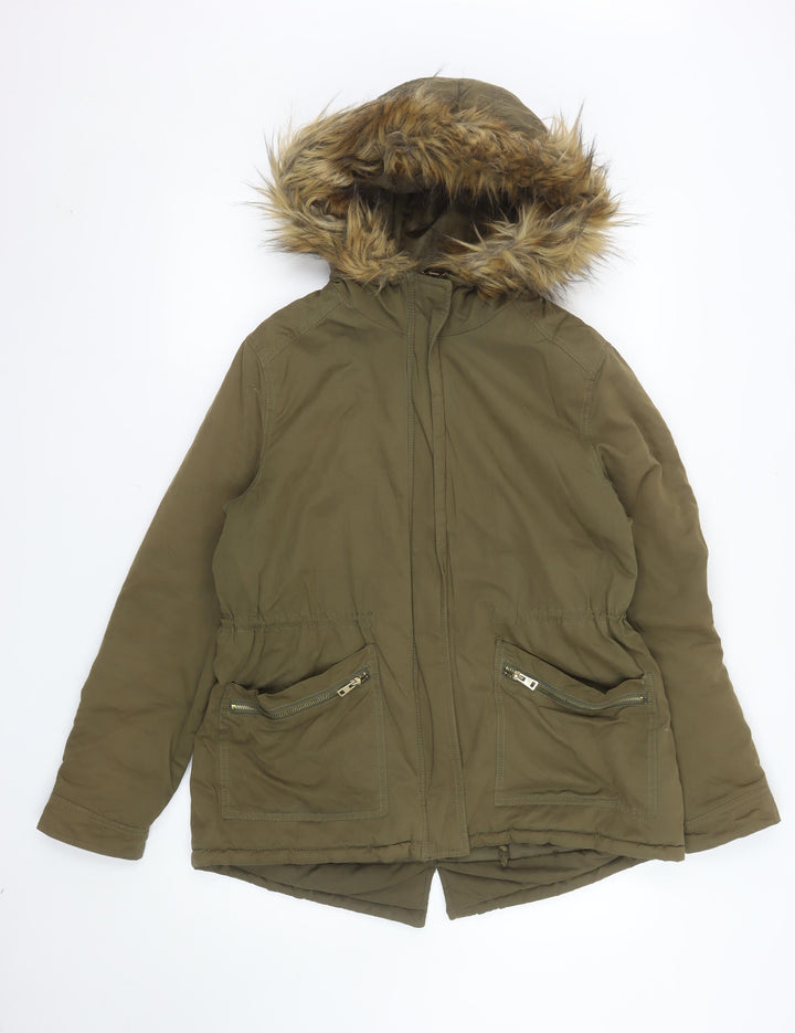 New Look Women Khaki Faux Fur Hooded Parka Jacket UK 12