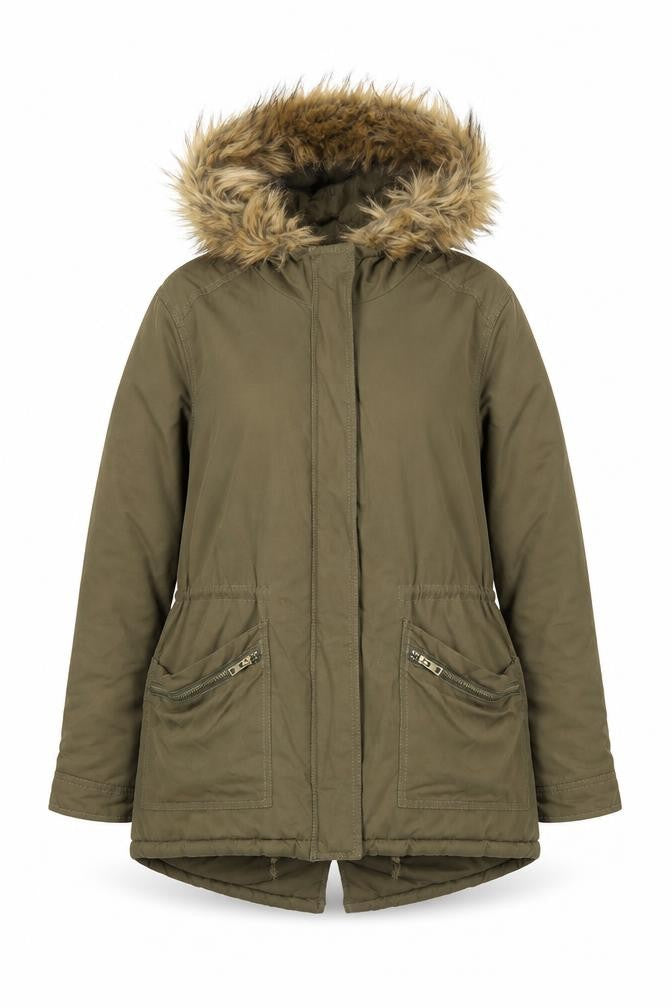New Look Women Khaki Faux Fur Hooded Parka Jacket UK 12