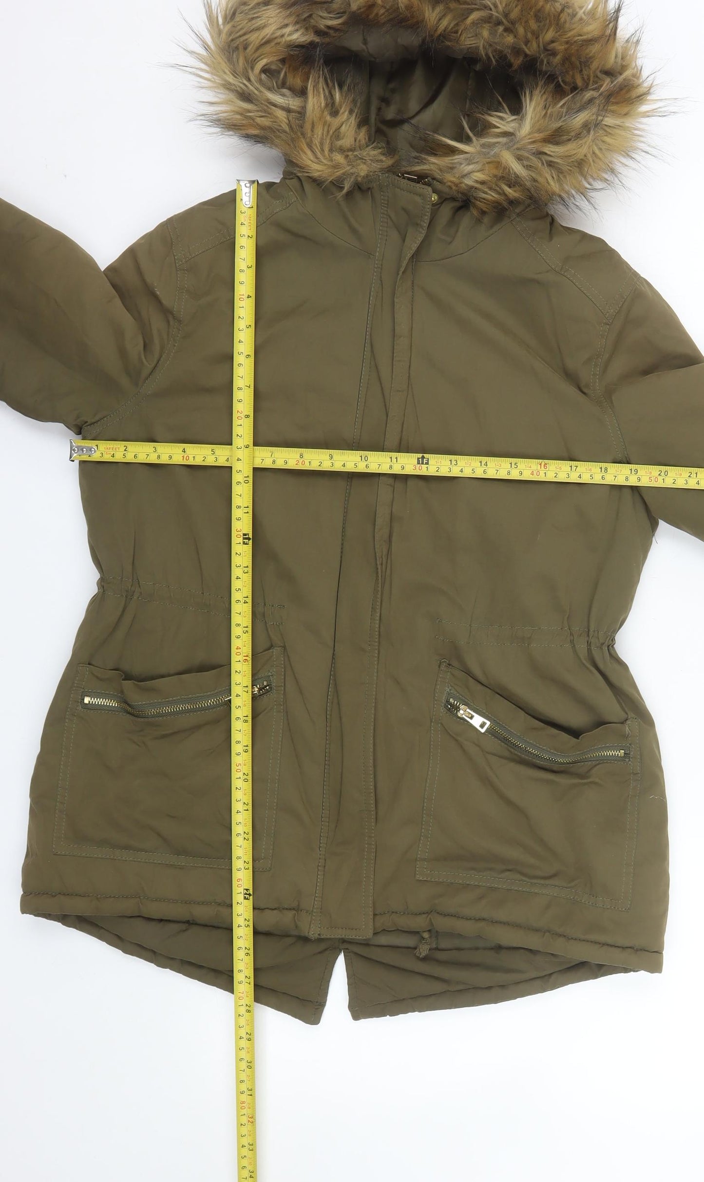 New Look Women Khaki Faux Fur Hooded Parka Jacket UK 12