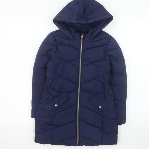 George Girls Blue Hooded Mid-Length Puffer Coat 7-8 Years Quilted Winter Jacket