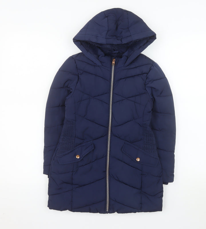 George Girls Blue Hooded Mid-Length Puffer Coat 7-8 Years Quilted Winter Jacket