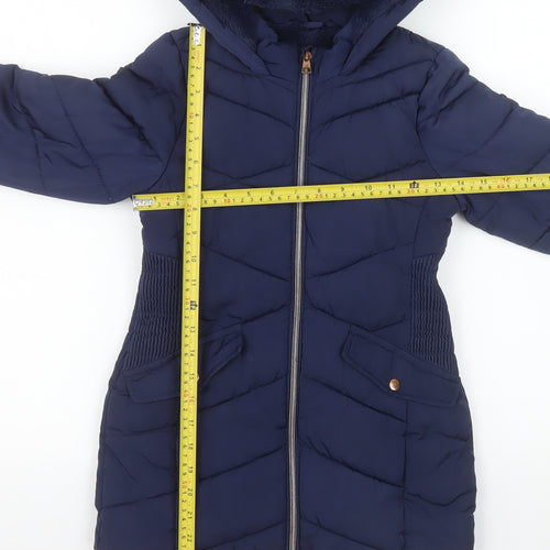 George Girls Blue Hooded Mid-Length Puffer Coat 7-8 Years Quilted Winter Jacket