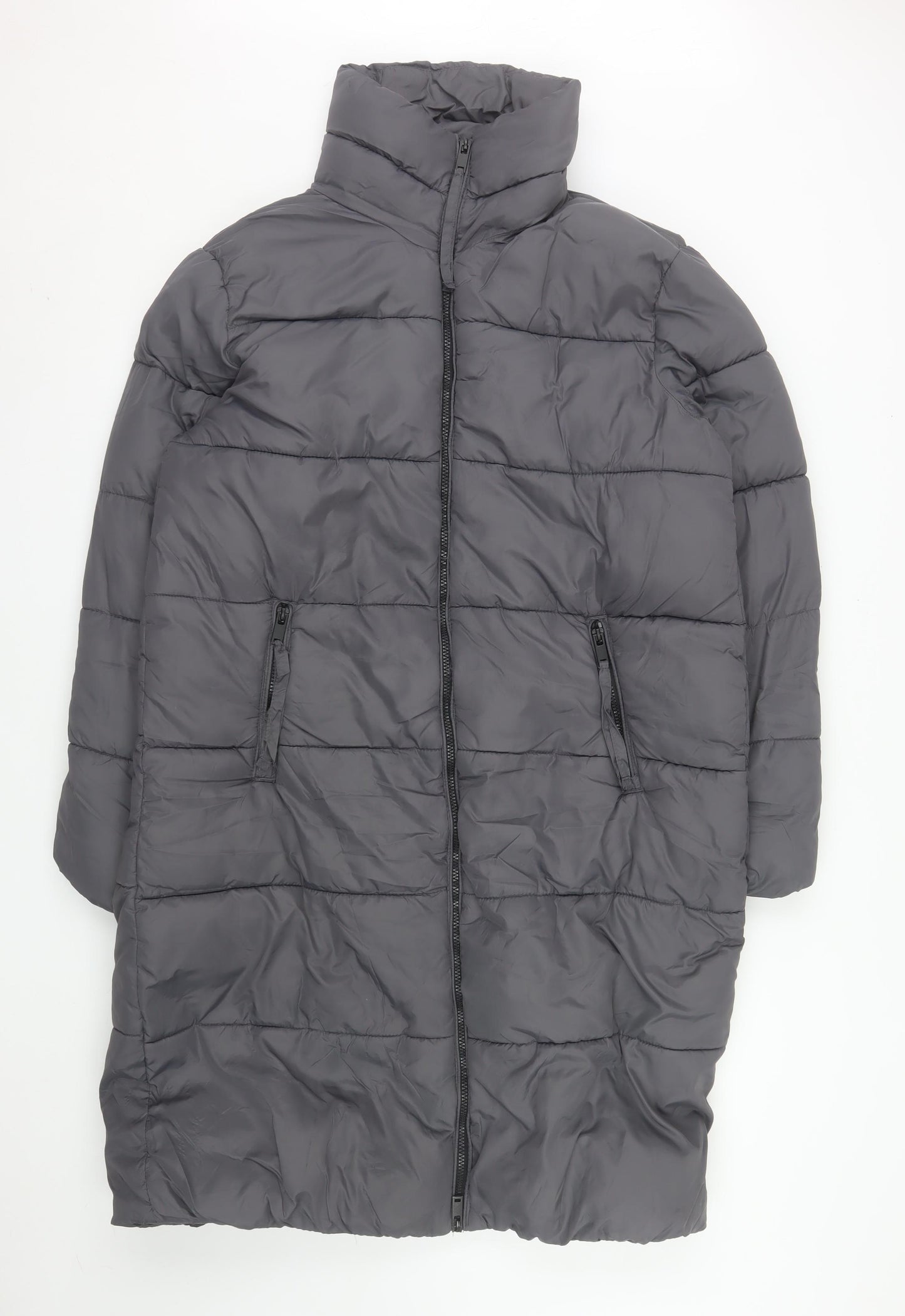 b.young Women Grey Long Puffer Coat Size 16 Full Zip Insulated Jacket