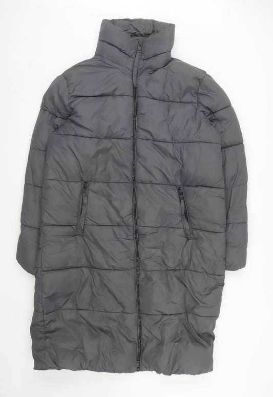 b.young Women Grey Long Puffer Coat Size 16 Full Zip Insulated Jacket