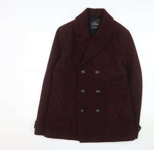 Topman Men's Red Wool-Blend Pea Coat Size L Classic Double-Breasted Jacket