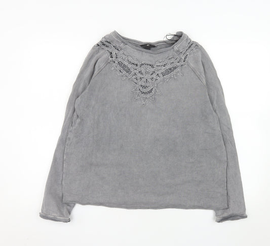 H&M Women's Grey Crochet Long Sleeve Cotton Blouse Size 12