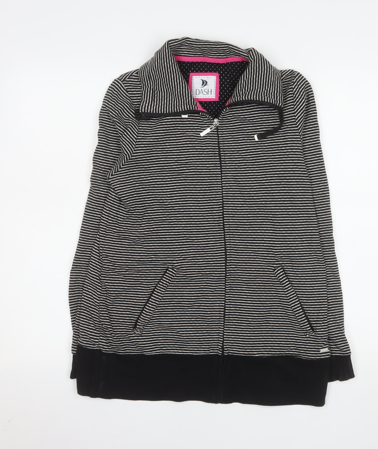 Dash Women Black Striped Cotton Zip Jacket Size 10