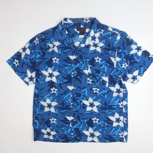 TRU'CAL Men's Blue Hawaiian Floral Short Sleeve Button-Up Shirt L