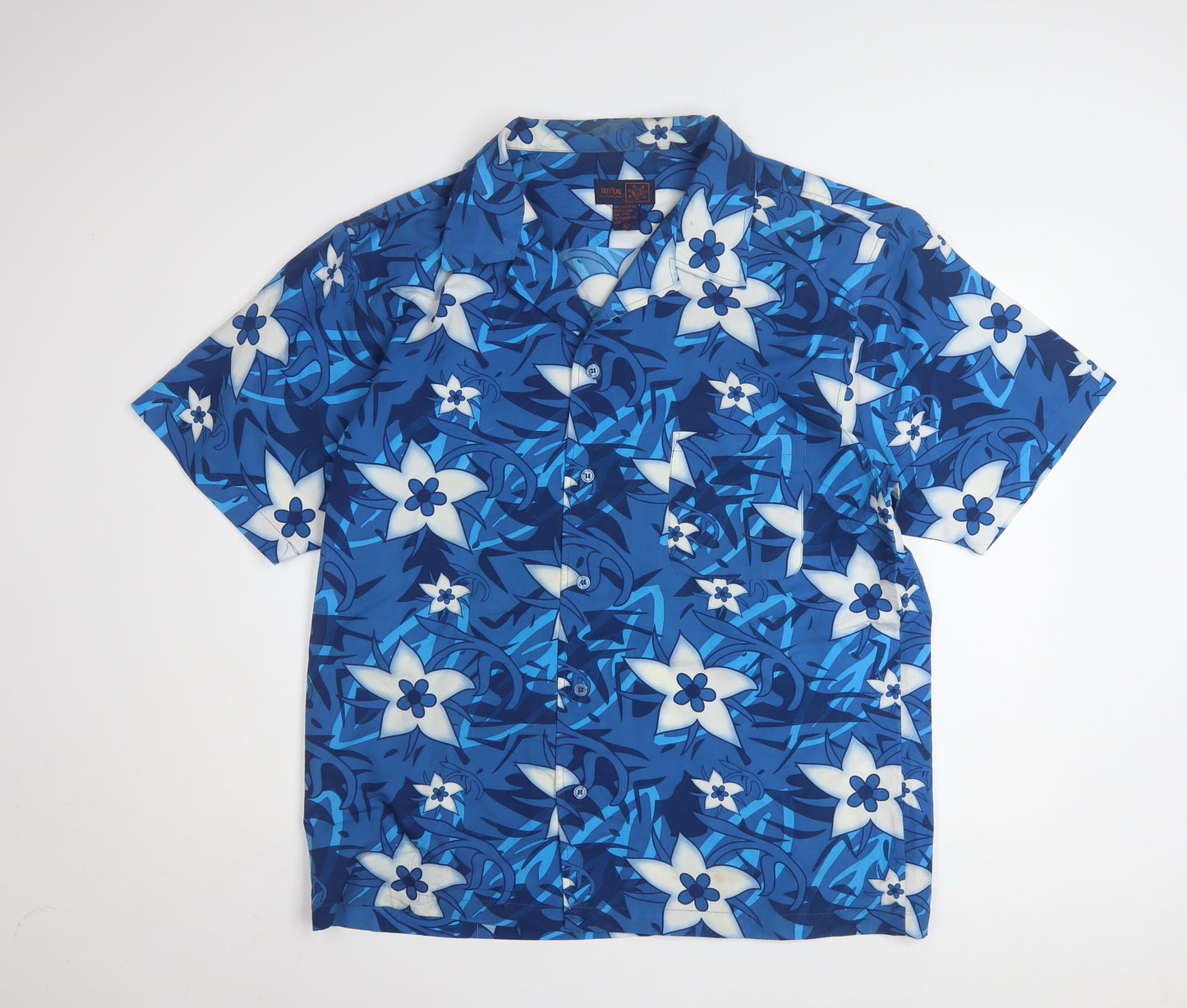 TRU'CAL Men's Blue Hawaiian Floral Short Sleeve Button-Up Shirt L