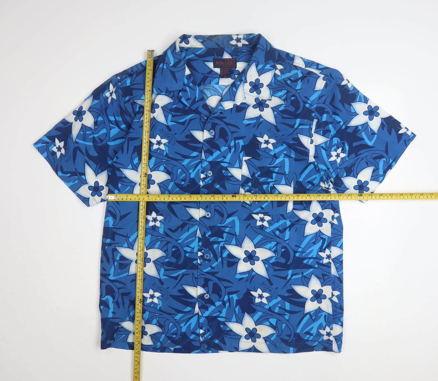 TRU'CAL Men's Blue Hawaiian Floral Short Sleeve Button-Up Shirt L