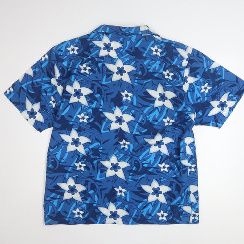 TRU'CAL Men's Blue Hawaiian Floral Short Sleeve Button-Up Shirt L