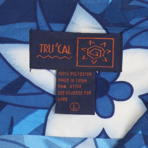 TRU'CAL Men's Blue Hawaiian Floral Short Sleeve Button-Up Shirt L