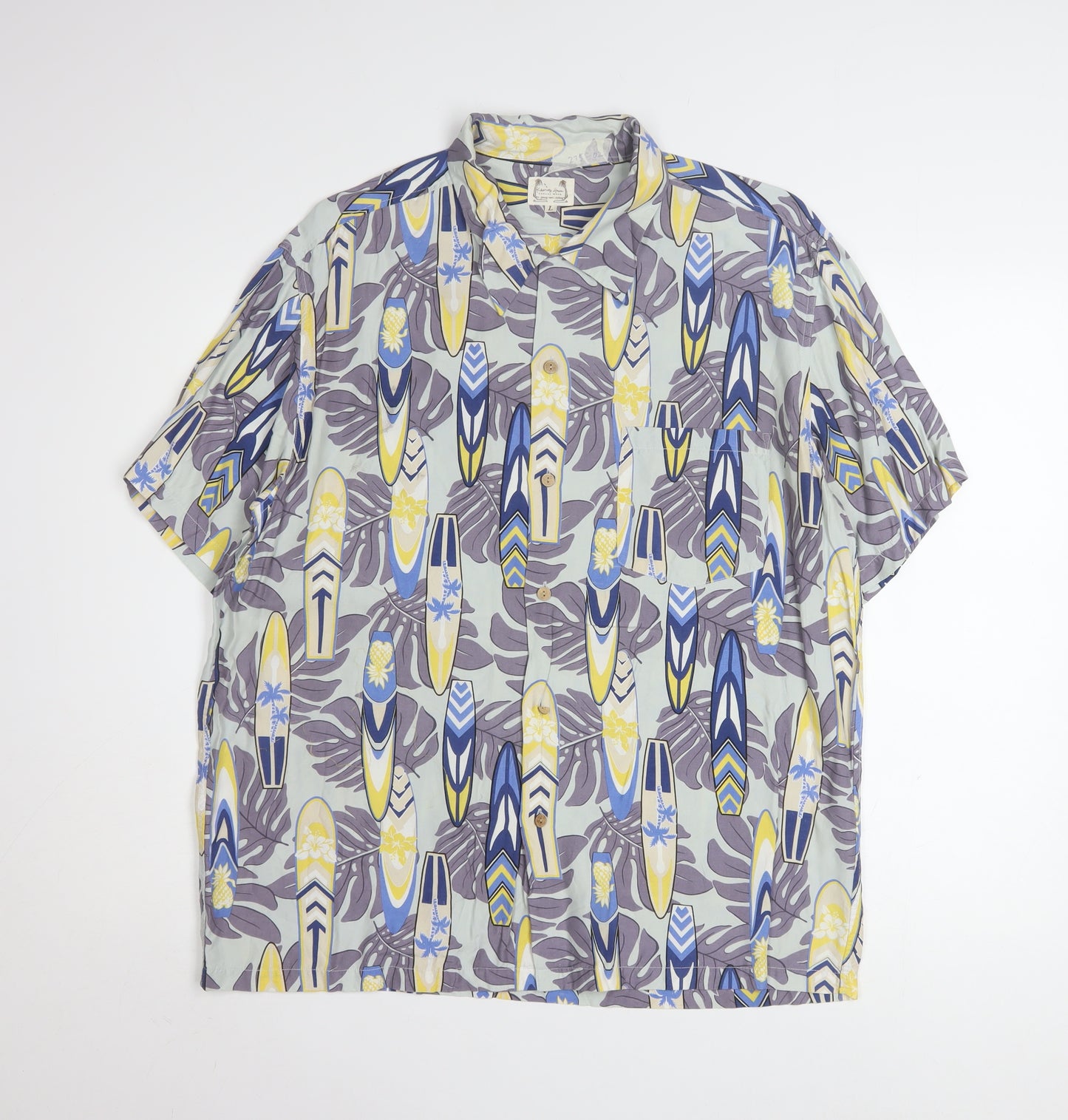 Kearney House Men's Blue Hawaiian Short Sleeve Shirt L Cotton
