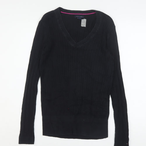 Tommy Hilfiger Women's Black V-Neck Cotton Pullover Jumper M