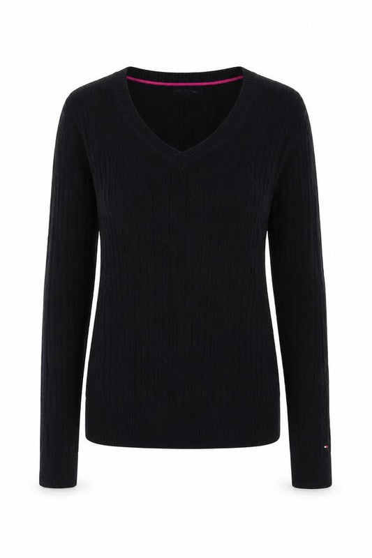 Front view of Tommy Hilfiger Women's Black V-Neck Cotton jumper M