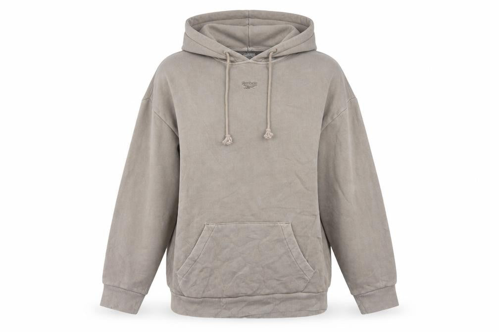 Front view of Reebok Women Beige Hooded Pullover Sweatshirt, size M, Organic Cotton