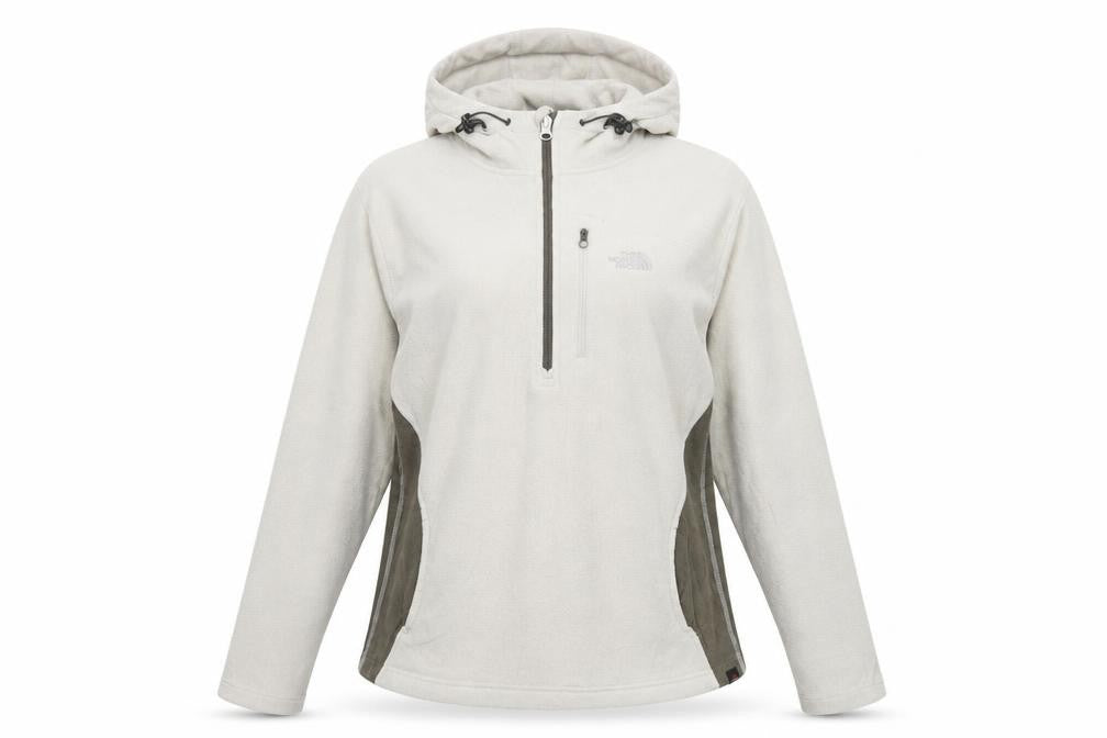 Front view of The North Face women’s beige fleece 1/2 zip hooded pullover xl