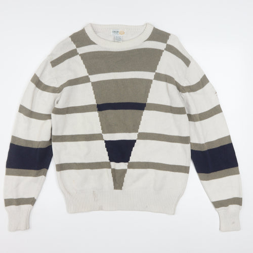 IZOD Men's Beige Striped Cotton Jumper M Crew Neck Classic Fit