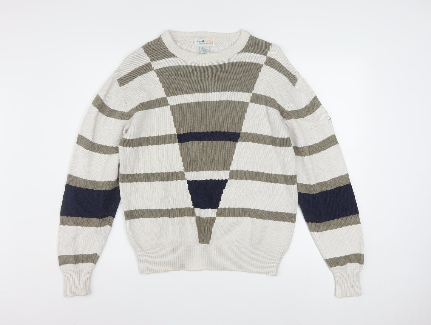 IZOD Men's Beige Striped Cotton Jumper M Crew Neck Classic Fit