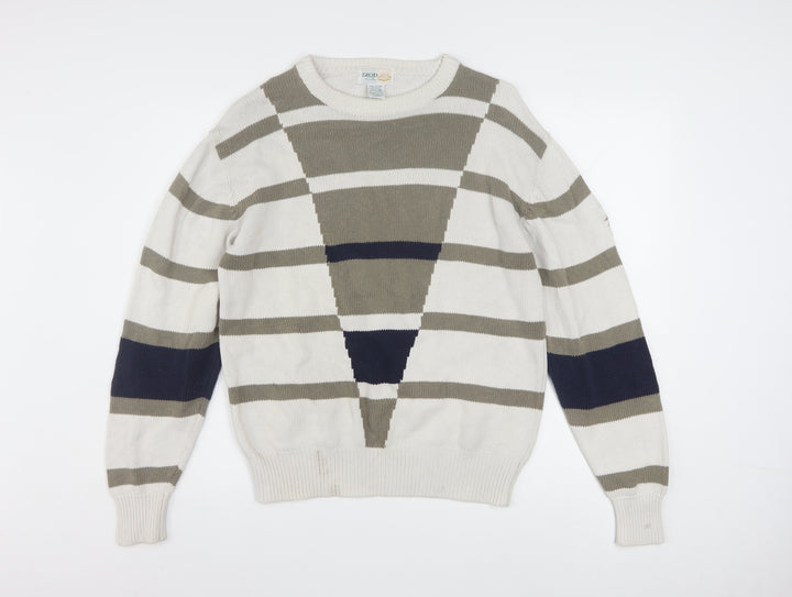 IZOD Men's Beige Striped Cotton Jumper M Crew Neck Classic Fit