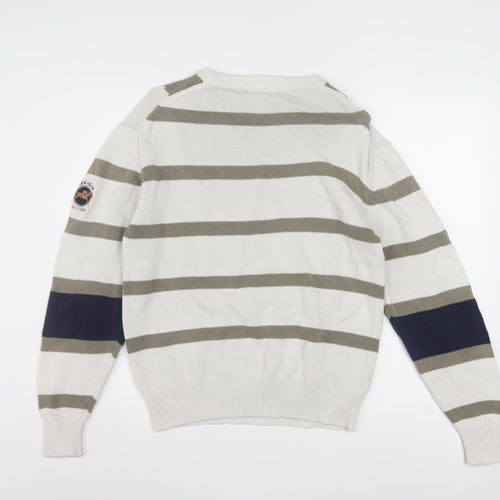 IZOD Men's Beige Striped Cotton Jumper M Crew Neck Classic Fit