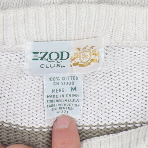 IZOD Men's Beige Striped Cotton Jumper M Crew Neck Classic Fit