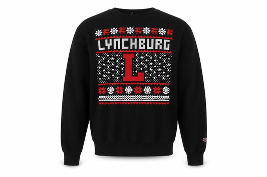 Front view of Champion Men's Black Lynchburg Christmas Pullover Sweatshirt, size S