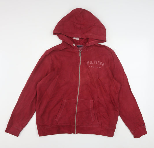Tommy Hilfiger Mens Red Full Zip Hoodie L Cotton Blend Casual