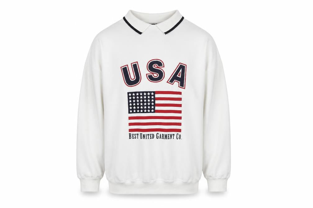 Front view of L.A. Blues Men's White Collared USA Graphic Pullover Sweatshirt M