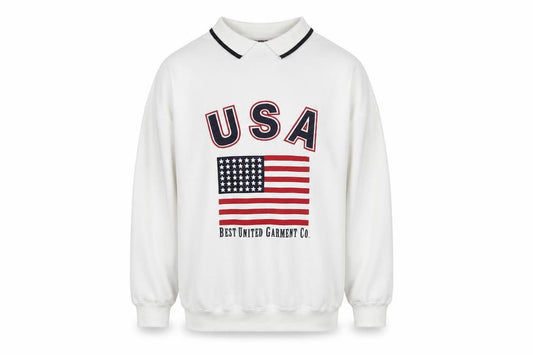 Front view of L.A. Blues Men's White Collared USA Graphic Pullover Sweatshirt M
