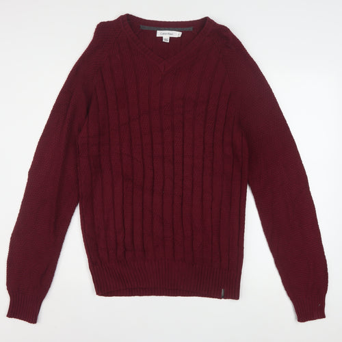 Calvin Klein Men’s Red V-Neck Cable Knit Cotton Jumper M
