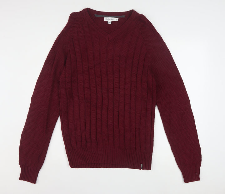 Calvin Klein Men’s Red V-Neck Cable Knit Cotton Jumper M