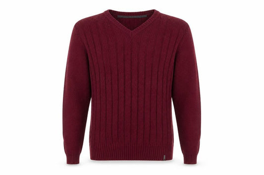 Front view of Calvin Klein Men’s Red V-Neck Cable Knit Cotton Jumper M