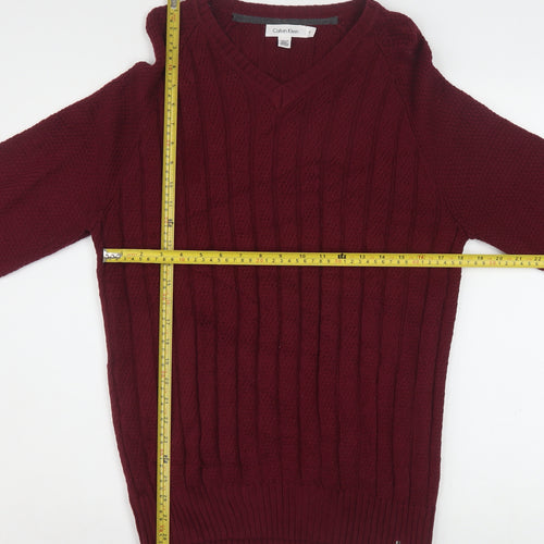Calvin Klein Men’s Red V-Neck Cable Knit Cotton Jumper M