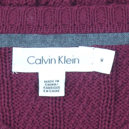 Calvin Klein Men’s Red V-Neck Cable Knit Cotton Jumper M