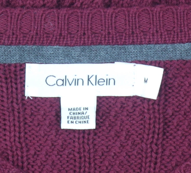 Calvin Klein Men’s Red V-Neck Cable Knit Cotton Jumper M