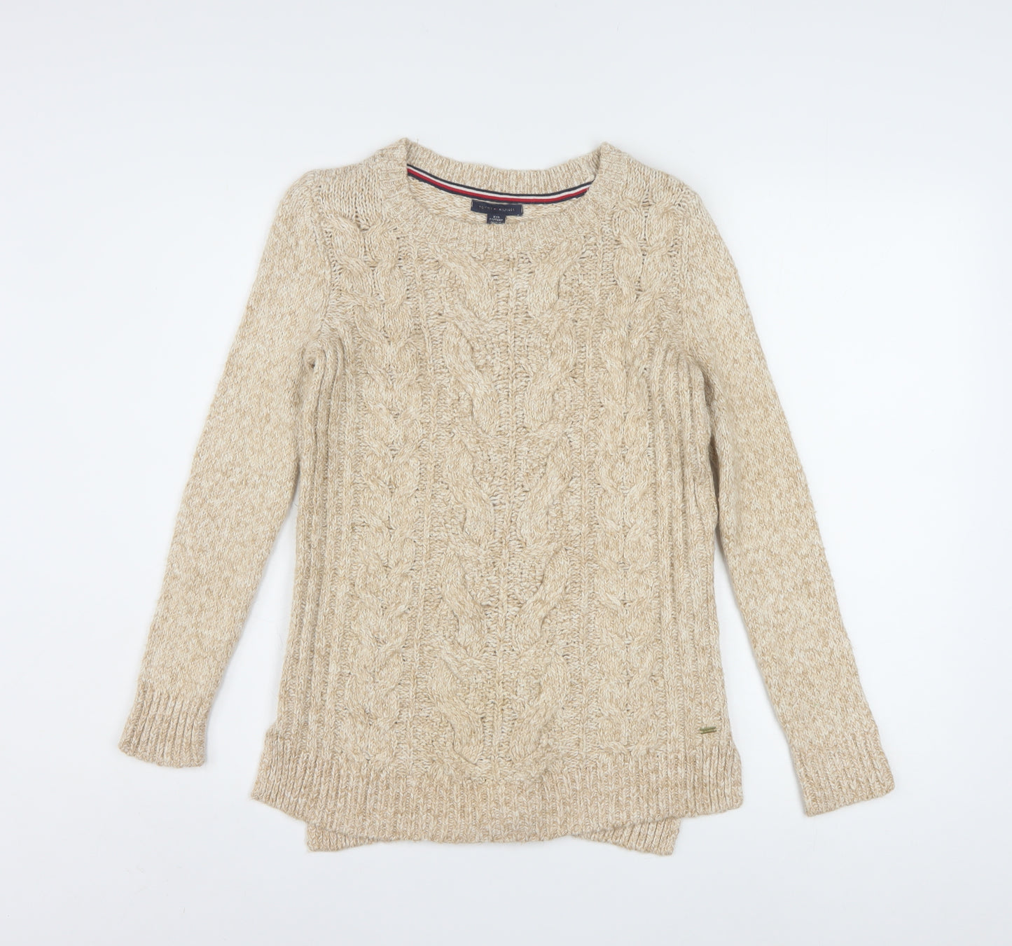 Tommy Hilfiger Womens Beige Cable-Knit Crew Neck Jumper Size 2XS