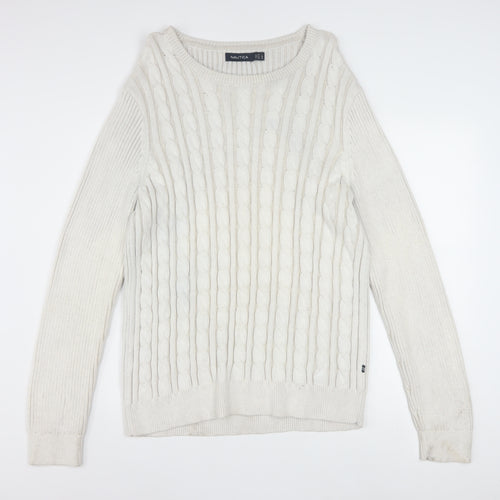 Nautica Men's White Cotton Cable-Knit Crew Neck Jumper XL