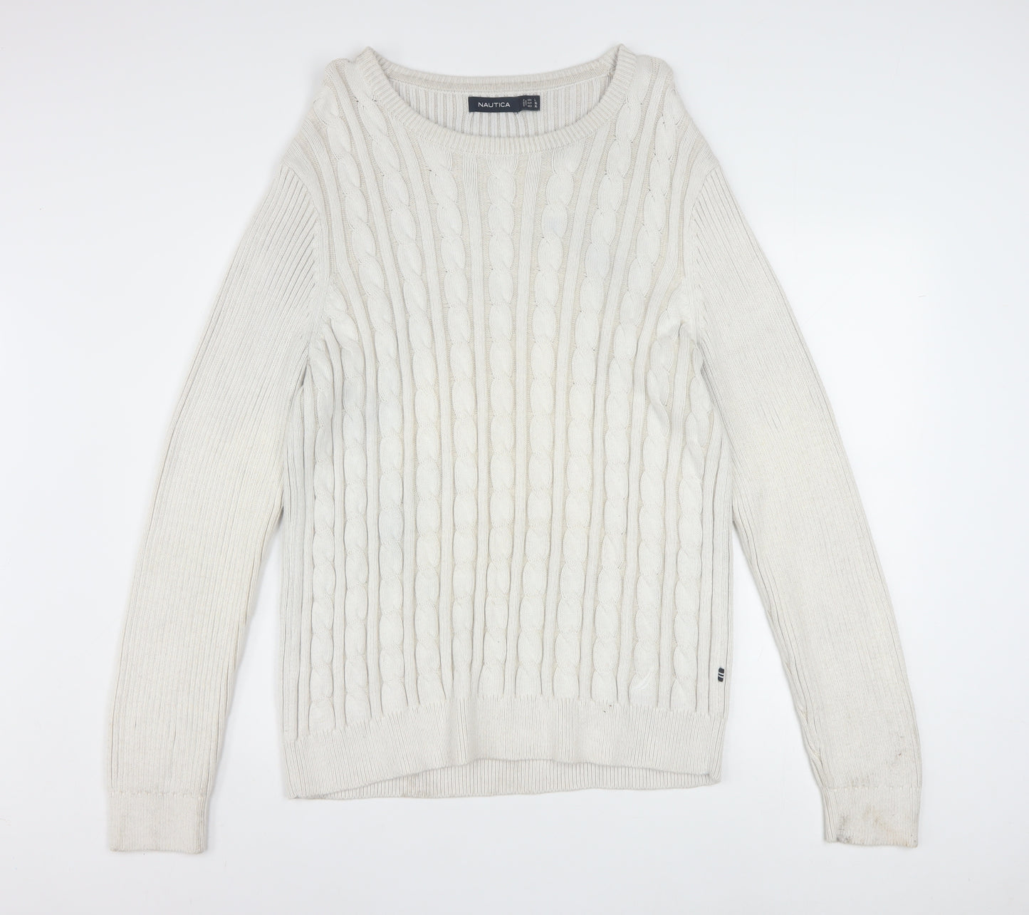 Nautica Men's White Cotton Cable-Knit Crew Neck Jumper XL